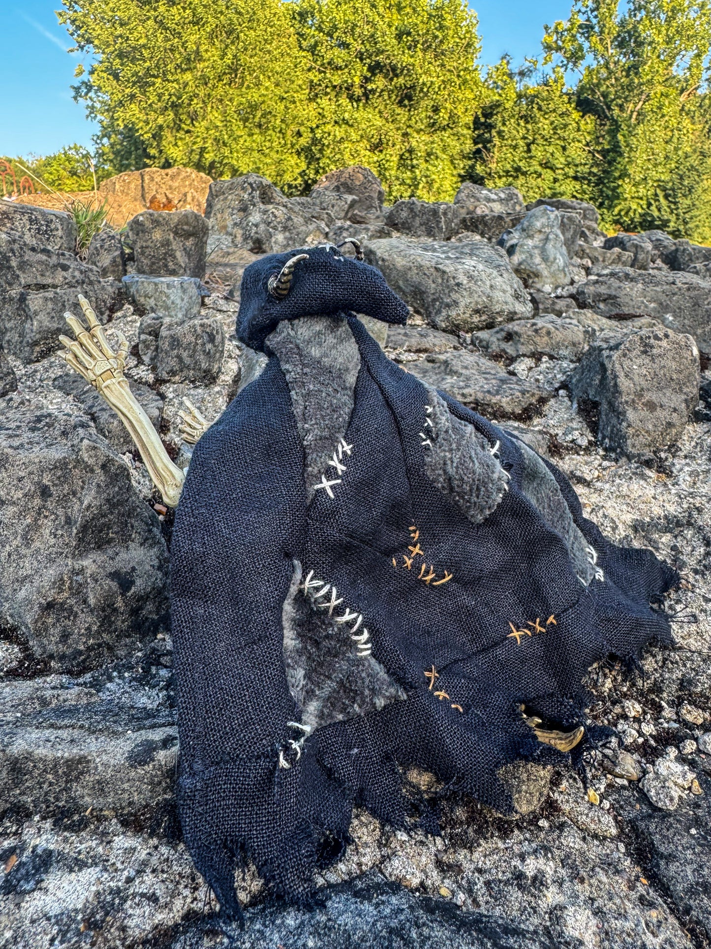 Patchwork Hooded Cape with Decorative Stitching